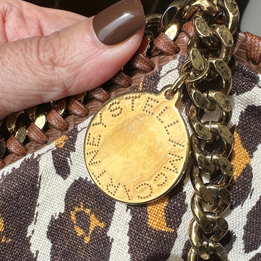 Stella McCartney - Brown Yellow Leopard Print on Cream Canvas Bag & Gold Chain - Picture 4 of 17